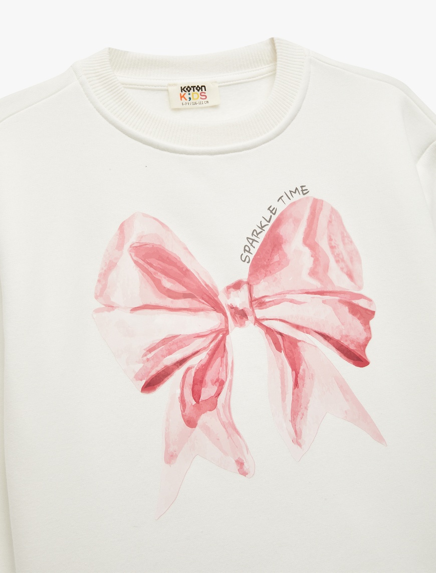  Kız Çocuk Uzun Kollu Bisiklet Yaka Şardonlu Fiyonk Baskılı Sweatshirt