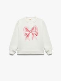Uzun Kollu Bisiklet Yaka Şardonlu Fiyonk Baskılı Sweatshirt