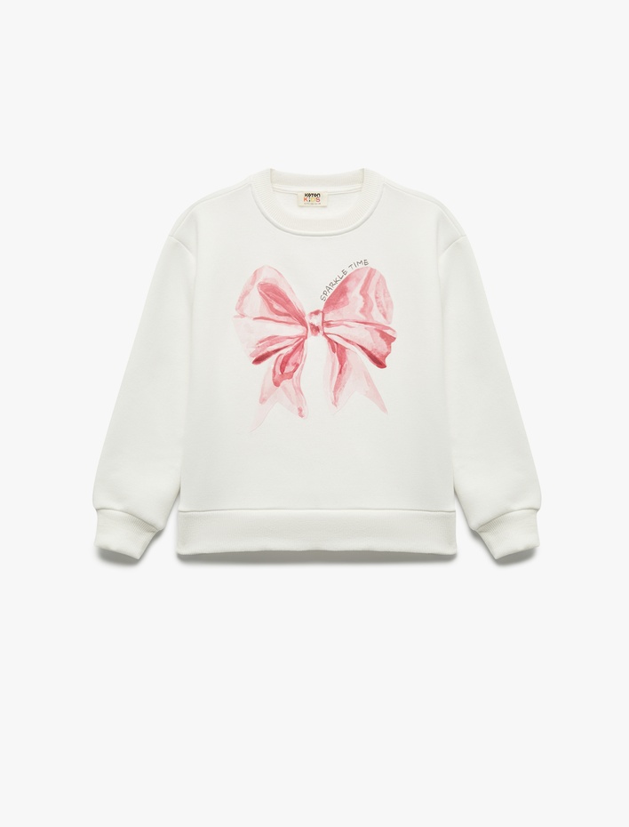 Kız Çocuk Uzun Kollu Bisiklet Yaka Şardonlu Fiyonk Baskılı Sweatshirt