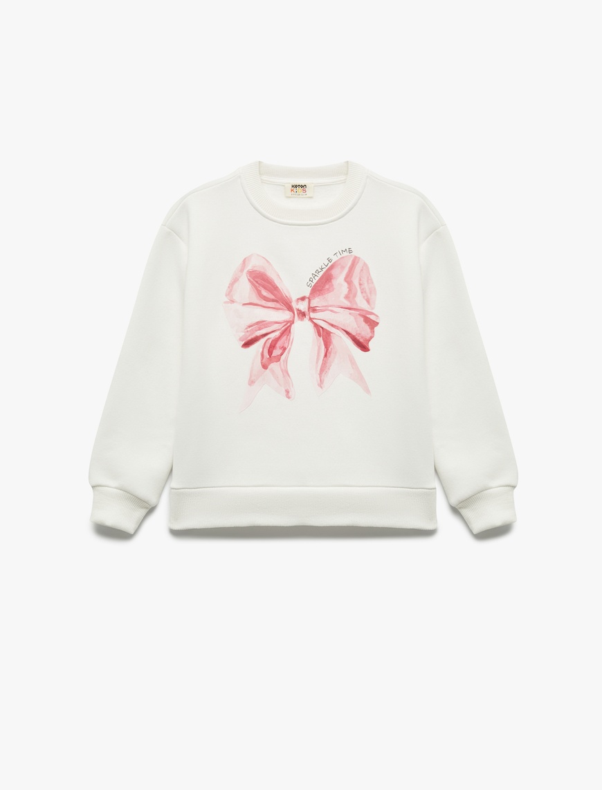  Kız Çocuk Uzun Kollu Bisiklet Yaka Şardonlu Fiyonk Baskılı Sweatshirt