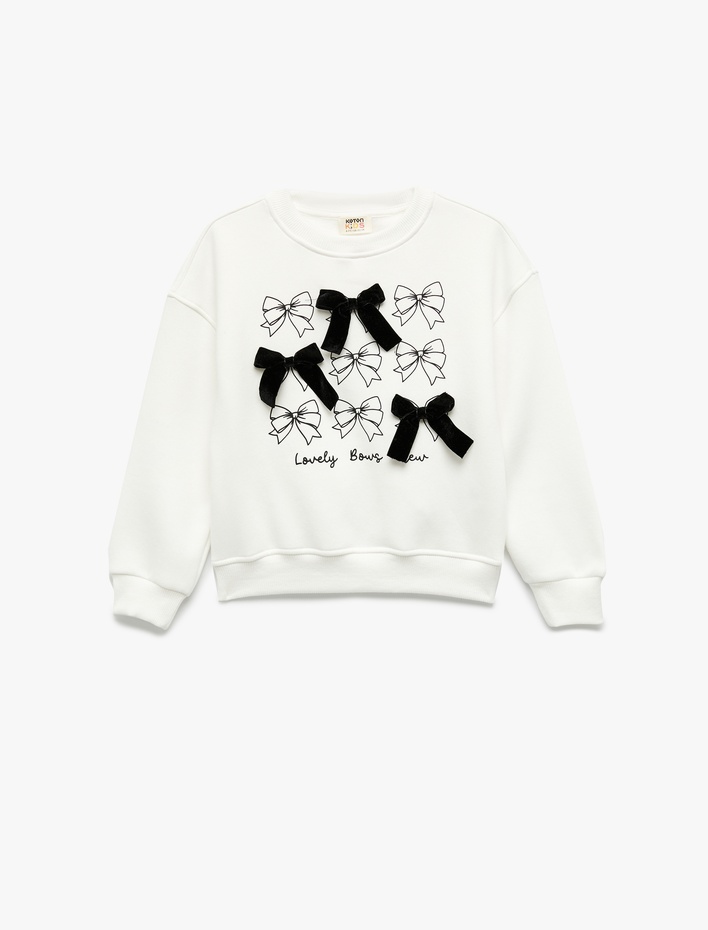 Kız Çocuk Fiyonk Detaylı Uzun Kollu Bisiklet Yaka Şardonlu Baskılı Sweatshirt