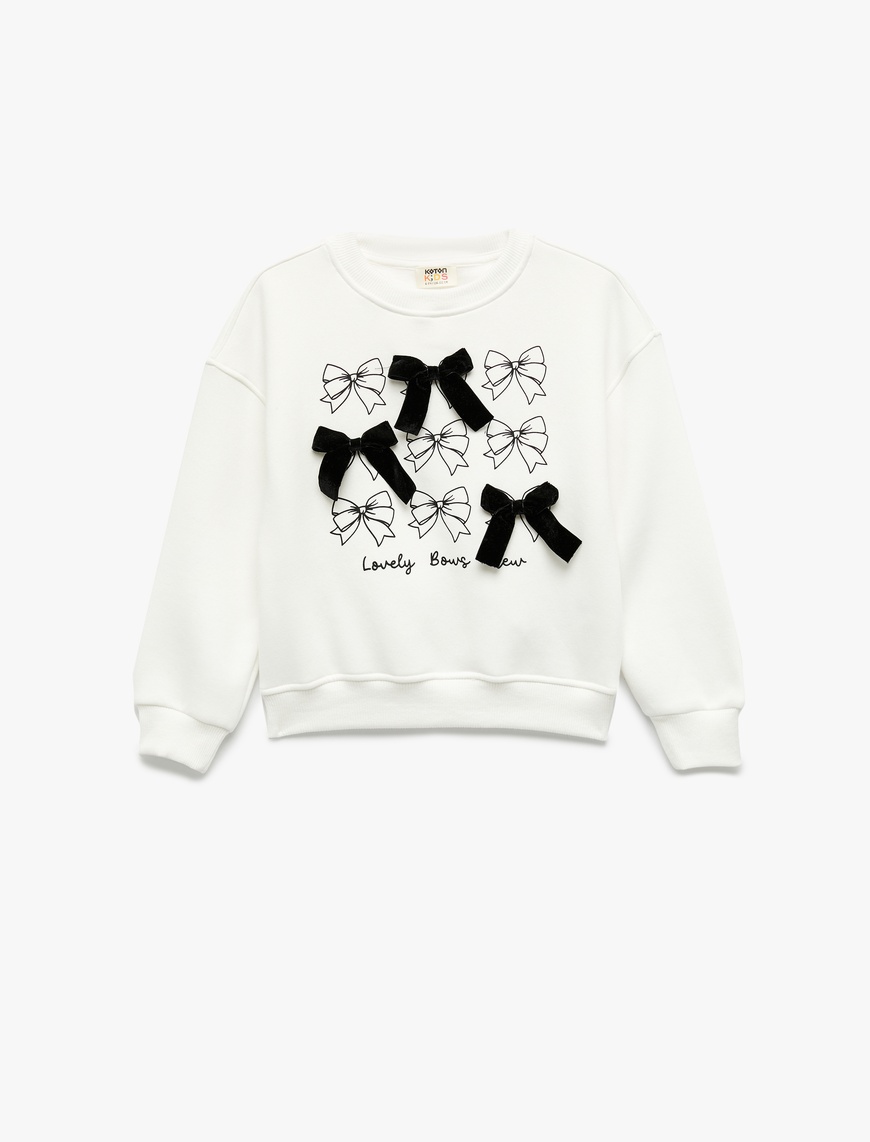  Kız Çocuk Fiyonk Detaylı Uzun Kollu Bisiklet Yaka Şardonlu Baskılı Sweatshirt
