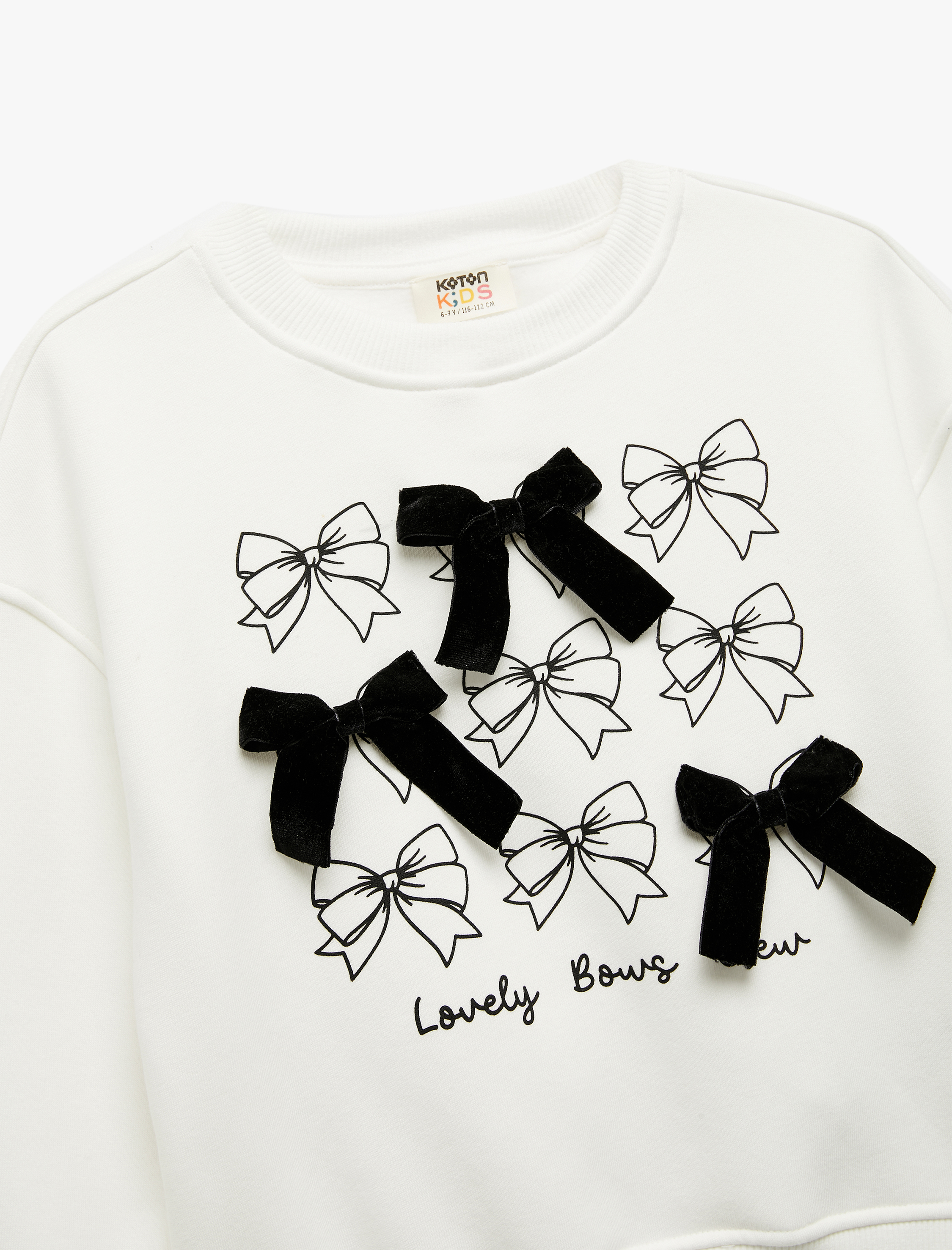  Kız Çocuk Fiyonk Detaylı Uzun Kollu Bisiklet Yaka Şardonlu Baskılı Yılbaşı Sweatshirt