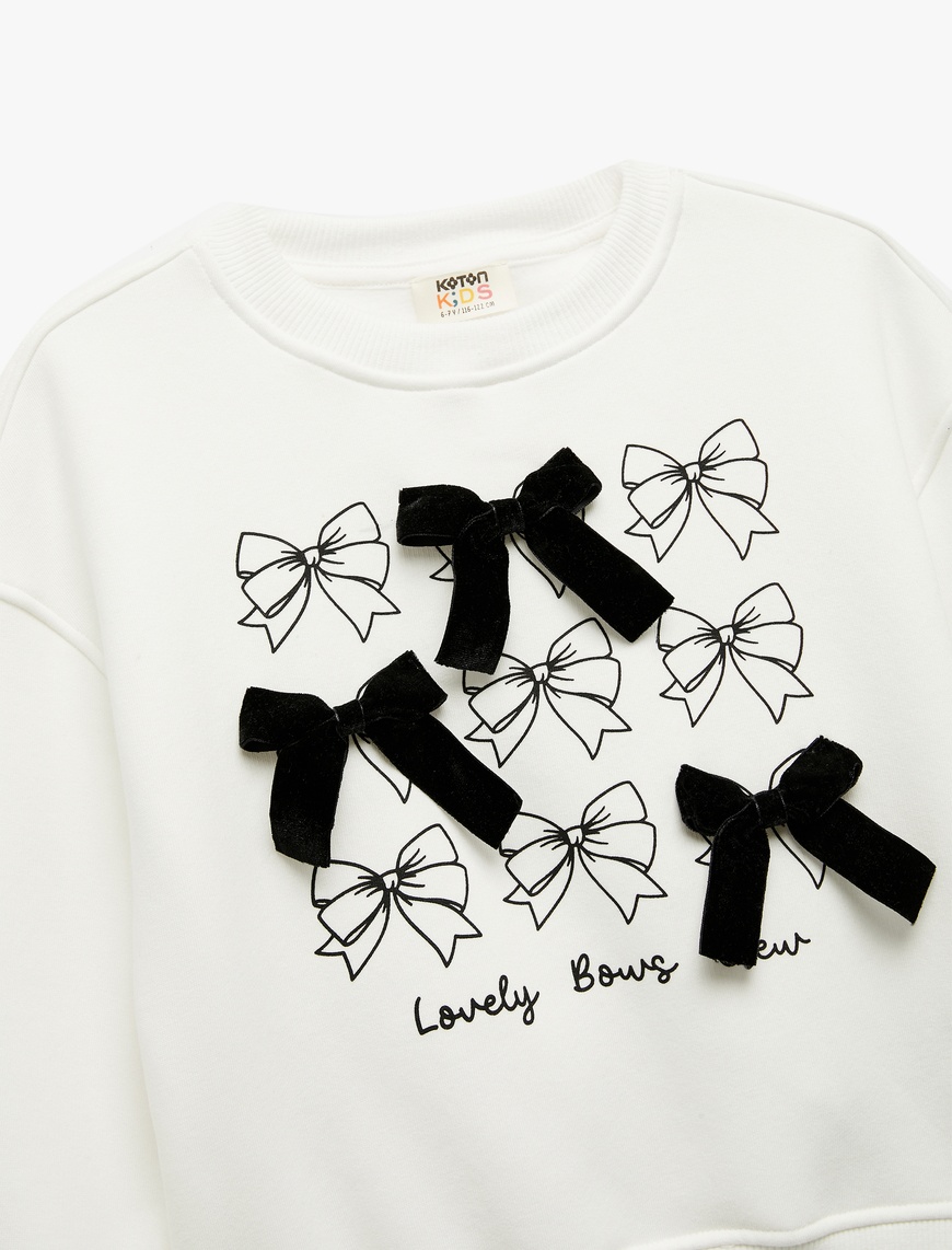  Kız Çocuk Fiyonk Detaylı Uzun Kollu Bisiklet Yaka Şardonlu Baskılı Sweatshirt