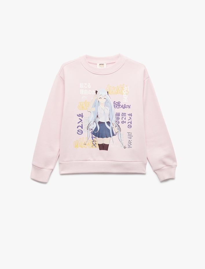 Kız Çocuk Uzun Kollu Bisiklet Yaka Şardonlu Anime Baskılı Sweatshirt