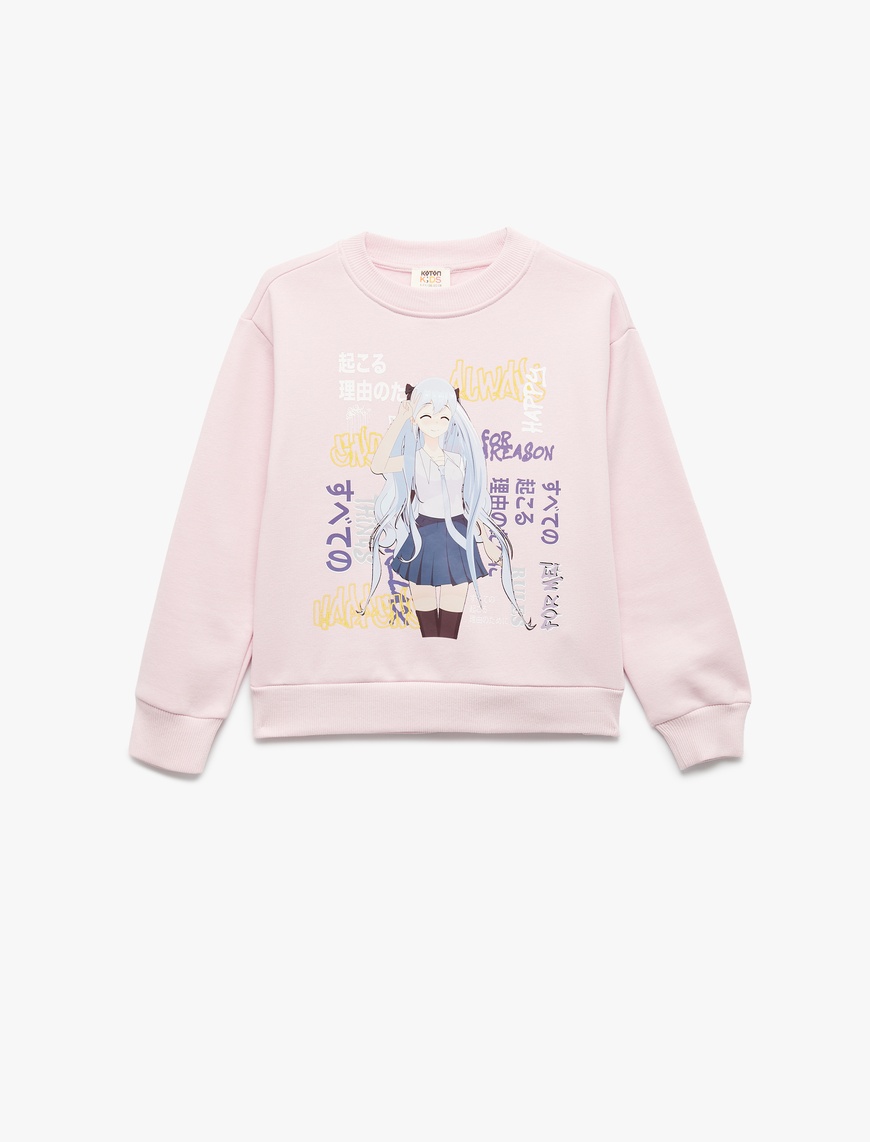  Kız Çocuk Uzun Kollu Bisiklet Yaka Şardonlu Anime Baskılı Sweatshirt