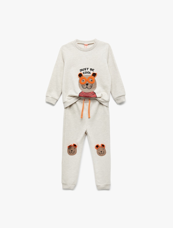 Erkek Bebek Beli Bağcıklı Şardonlu Ayıcık Baskılı Eşofman Altı