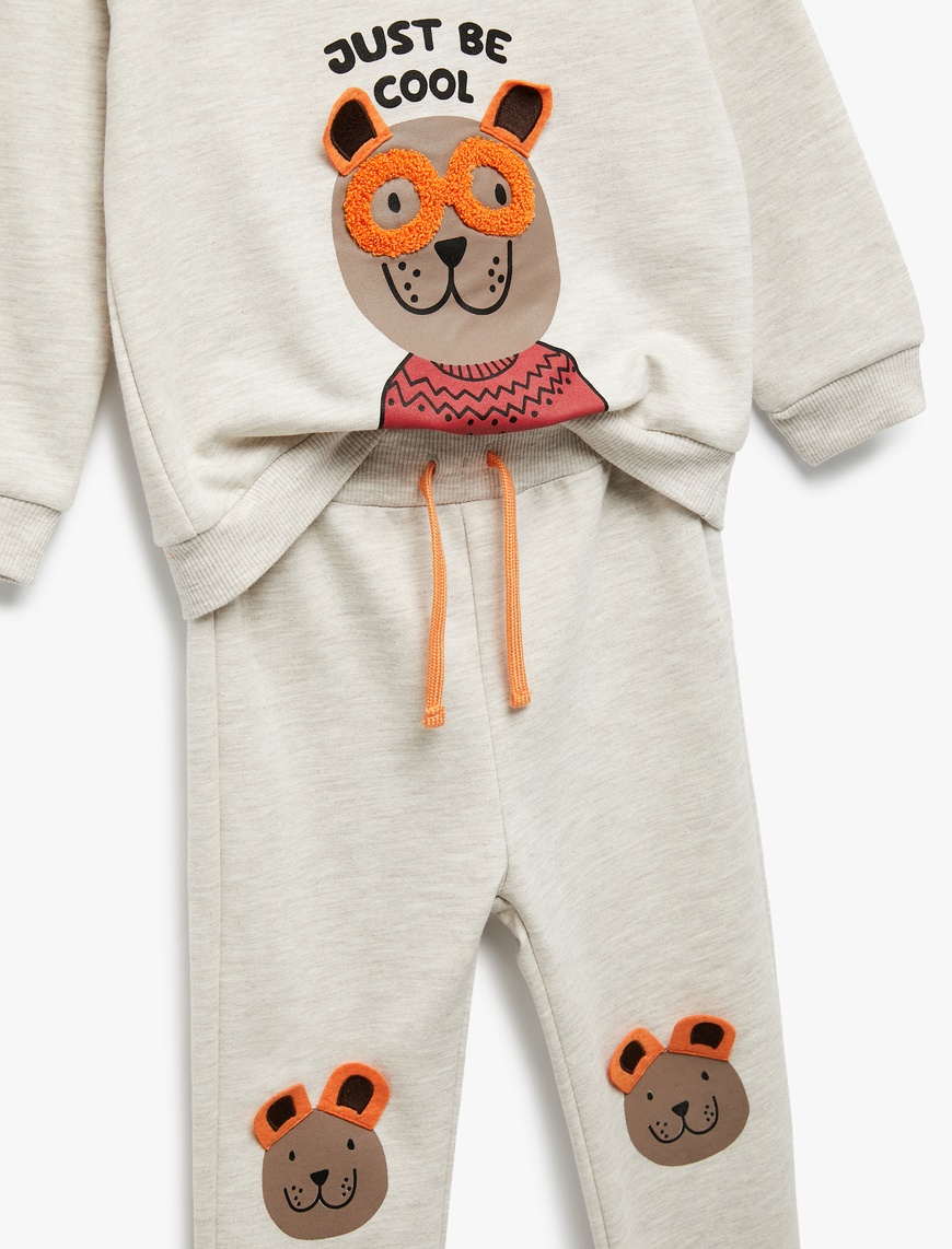  Erkek Bebek Beli Bağcıklı Şardonlu Ayıcık Baskılı Eşofman Altı