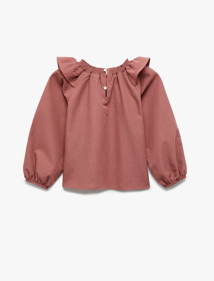 Kız Bebek Balon Kollu Kareli Pamuklu Uzun Kollu Büzgülü Yaka Bluz