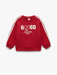 Uzun Kollu Şardonlu Şerit Detaylı Nakışlı Bisiklet Yaka Sweatshirt