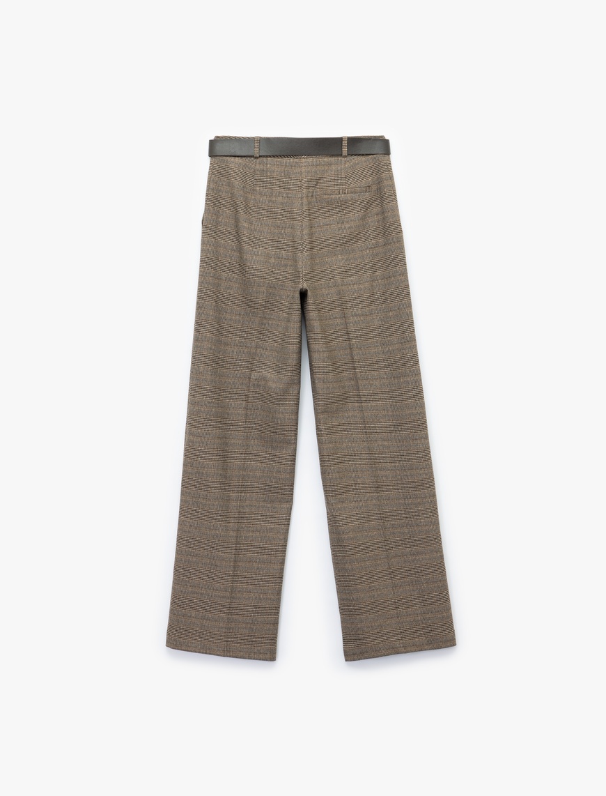   Normal Bel Cepli Kemerli Düz Geniş Paça Ekose Pantolon