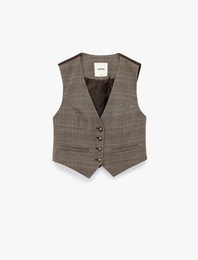 Slim Fit Düğmeli V Yaka Crop Ekose Blazer Yelek