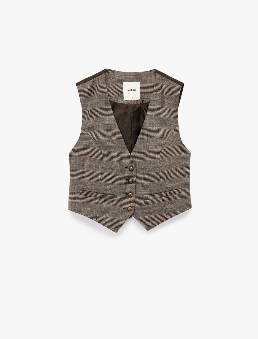   Slim Fit Düğmeli V Yaka Crop Ekose Blazer Yelek