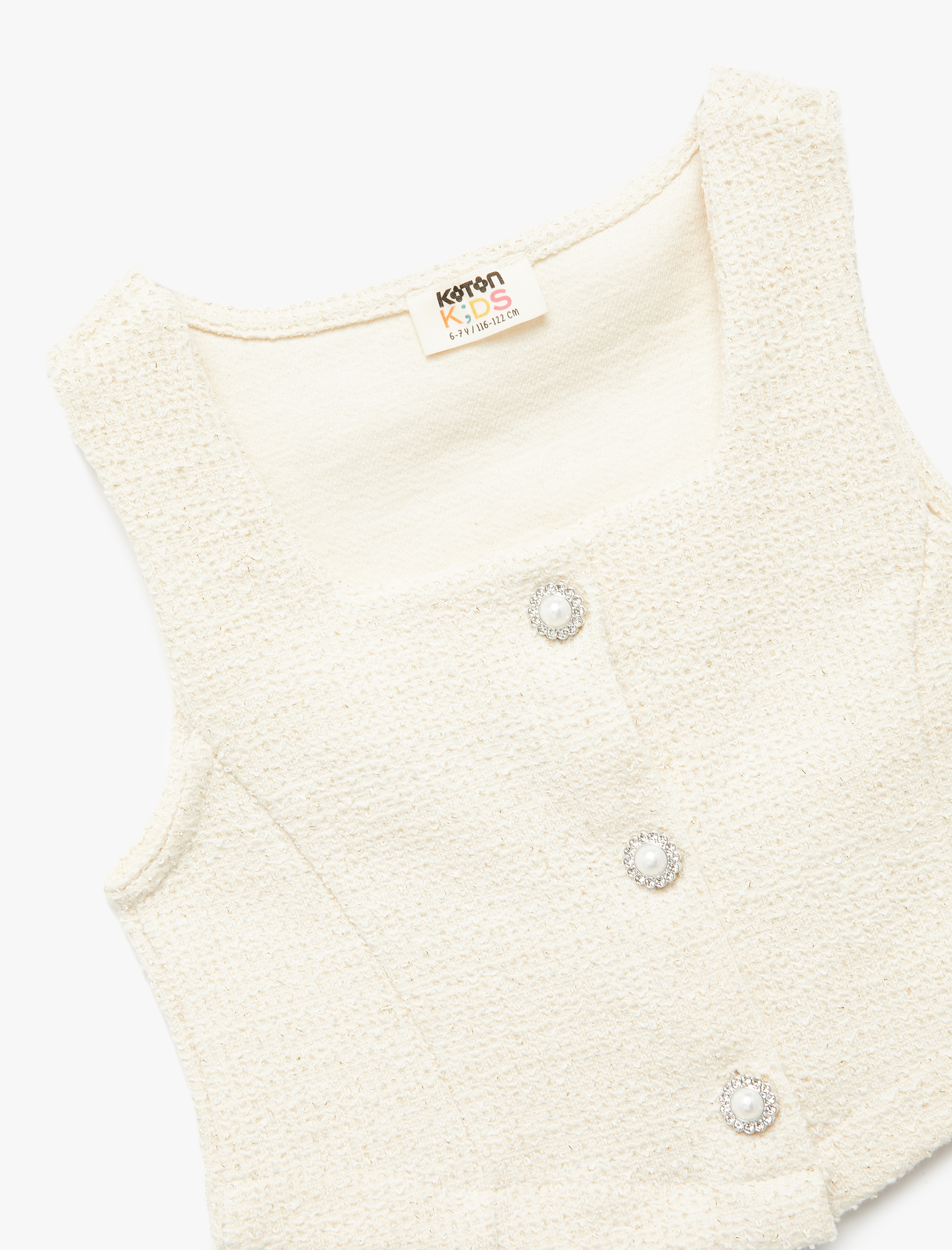  Kız Çocuk Pamuklu Kare Yaka Slim Fit Düğmeli Kolsuz Tüvit Crop Bluz