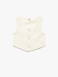 Pamuklu Kare Yaka Slim Fit Düğmeli Kolsuz Tüvit Crop Bluz