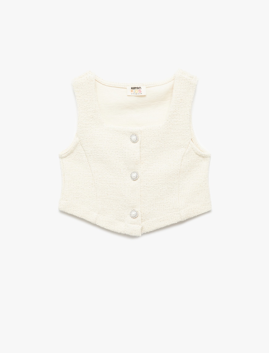  Kız Çocuk Pamuklu Kare Yaka Slim Fit Düğmeli Kolsuz Tüvit Crop Bluz