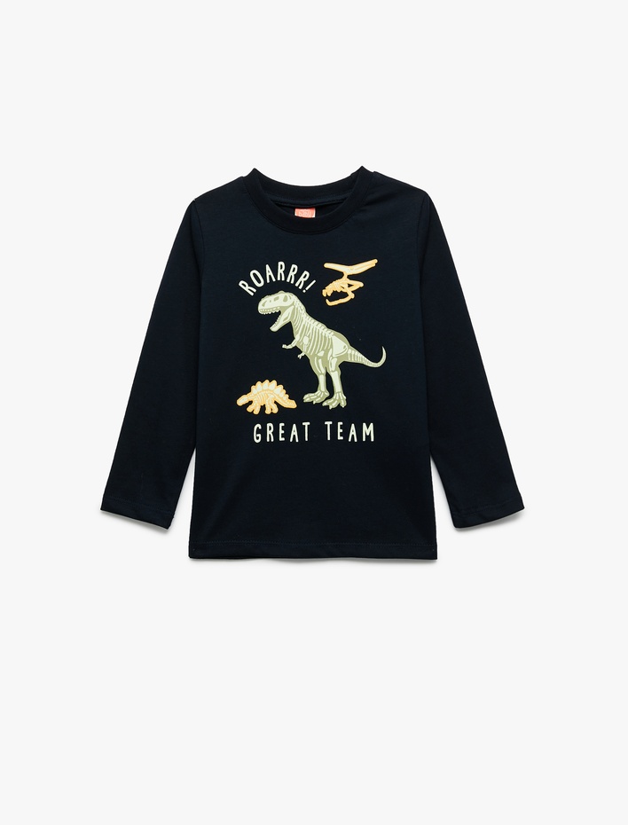 Erkek Bebek Dinozor Baskılı Uzun Kollu Bisiklet Yaka Pamuklu Tişört