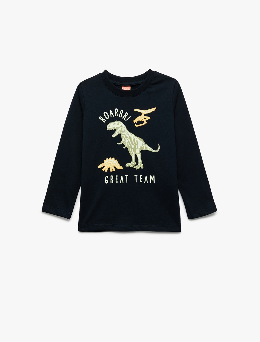  Erkek Bebek Dinozor Baskılı Uzun Kollu Bisiklet Yaka Pamuklu Tişört