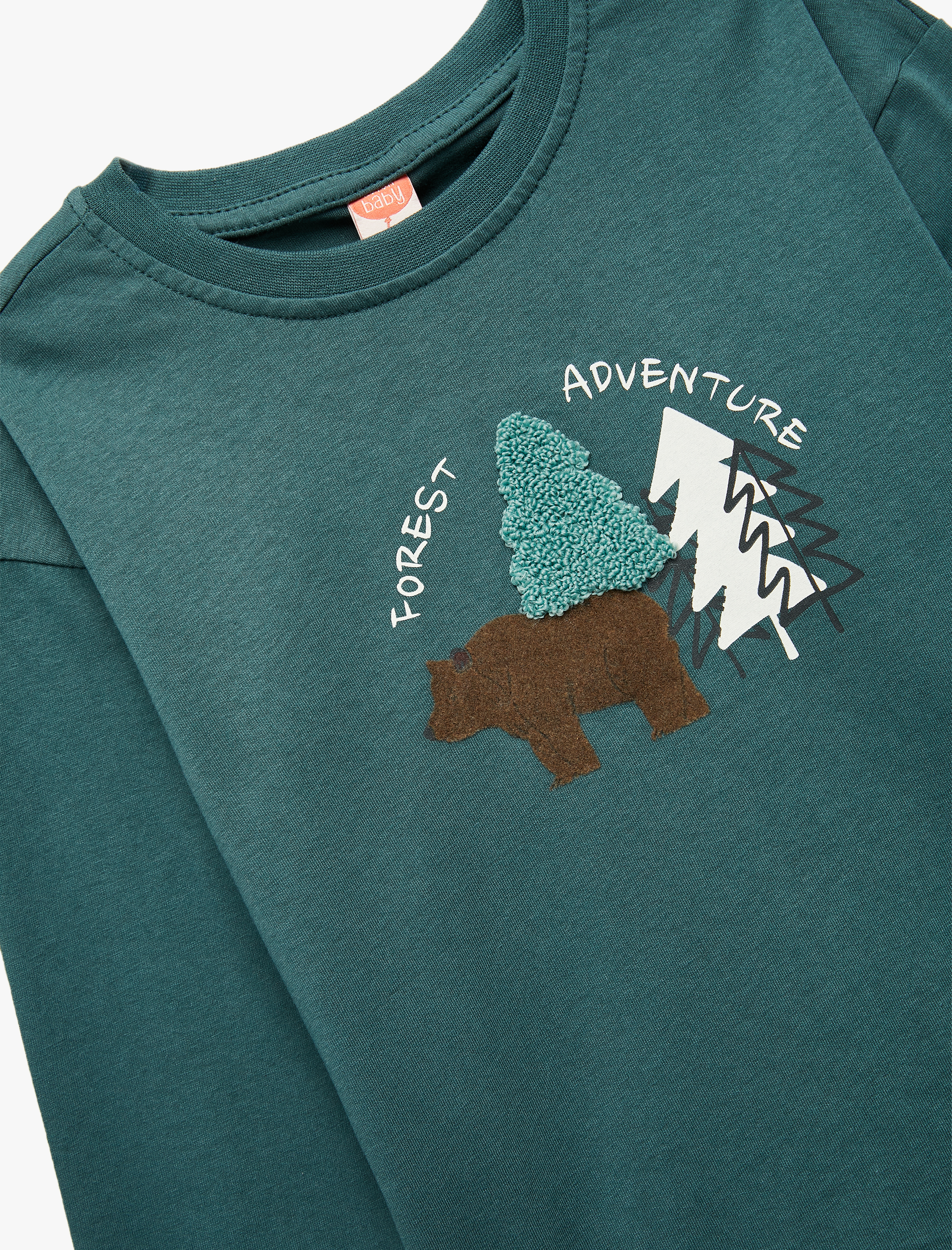  Erkek Bebek Bisiklet Yaka Uzun Kollu Nakışlı Pamuklu Tişört