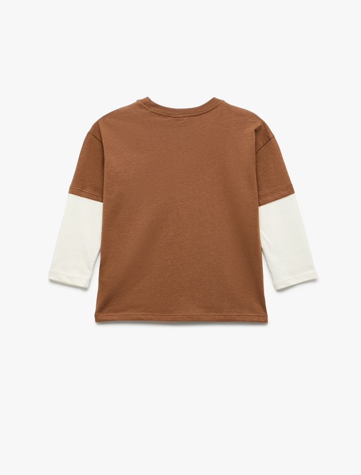 Erkek Bebek Uzun Kollu Bisiklet Yaka Renk Kontrastlı Pamuklu Baskılı Tişört