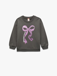 Uzun Kollu Şardonlu Bisiklet Yaka Fiyonk Baskılı Sweatshirt