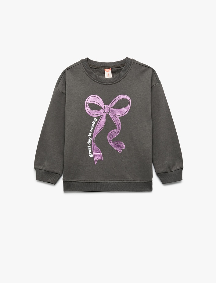 Kız Bebek Uzun Kollu Şardonlu Bisiklet Yaka Fiyonk Baskılı Sweatshirt