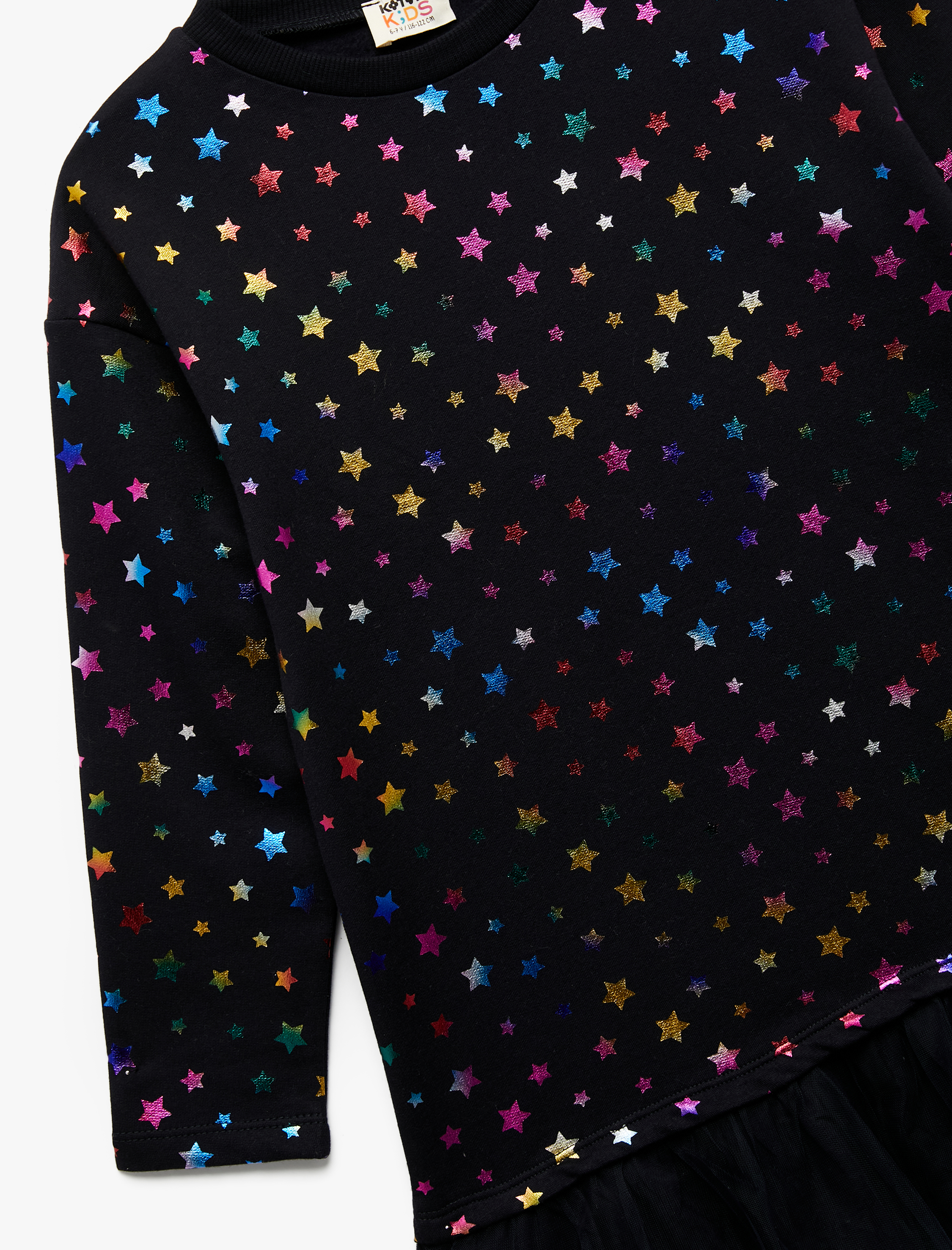  Kız Çocuk Uzun Kollu Bisiklet Yaka Tül Detaylı Şardonlu Pamuklu Yılbaşı Elbisesi