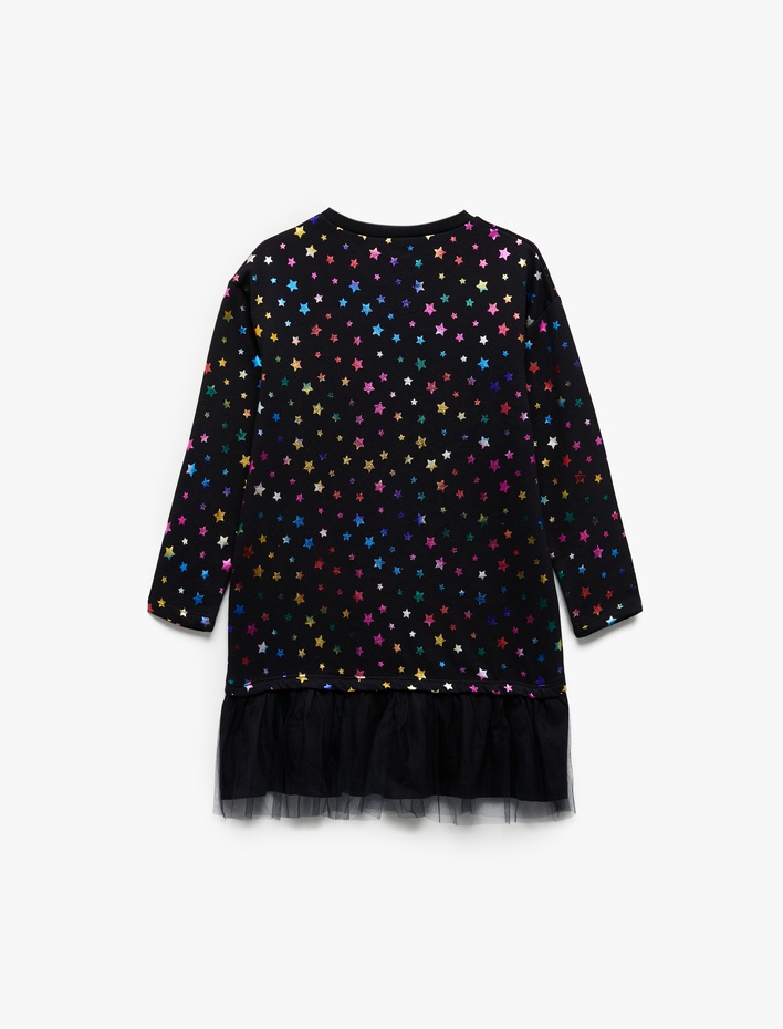 Kız Çocuk Rahat Kesim Uzun Kollu Bisiklet Yaka Tül Detaylı Şardonlu Pamuklu Yıldız Baskılı Sweat Elbise