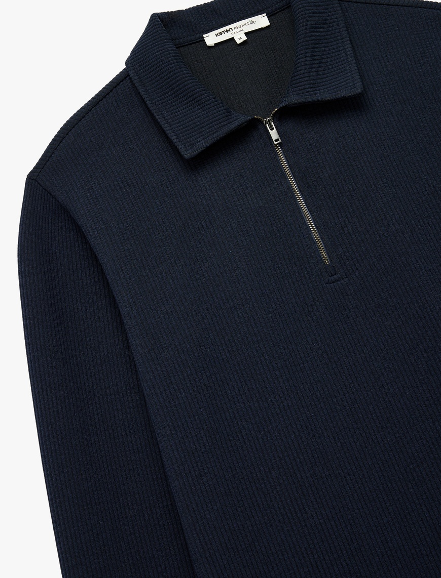   Uzun Kollu Basic Dokulu Yarım Fermuarlı Polo Yaka Sweatshirt