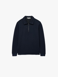 Uzun Kollu Basic Dokulu Yarım Fermuarlı Polo Yaka Sweatshirt