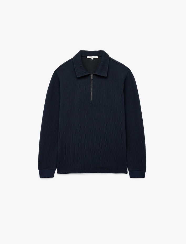  Uzun Kollu Basic Dokulu Yarım Fermuarlı Polo Yaka Sweatshirt