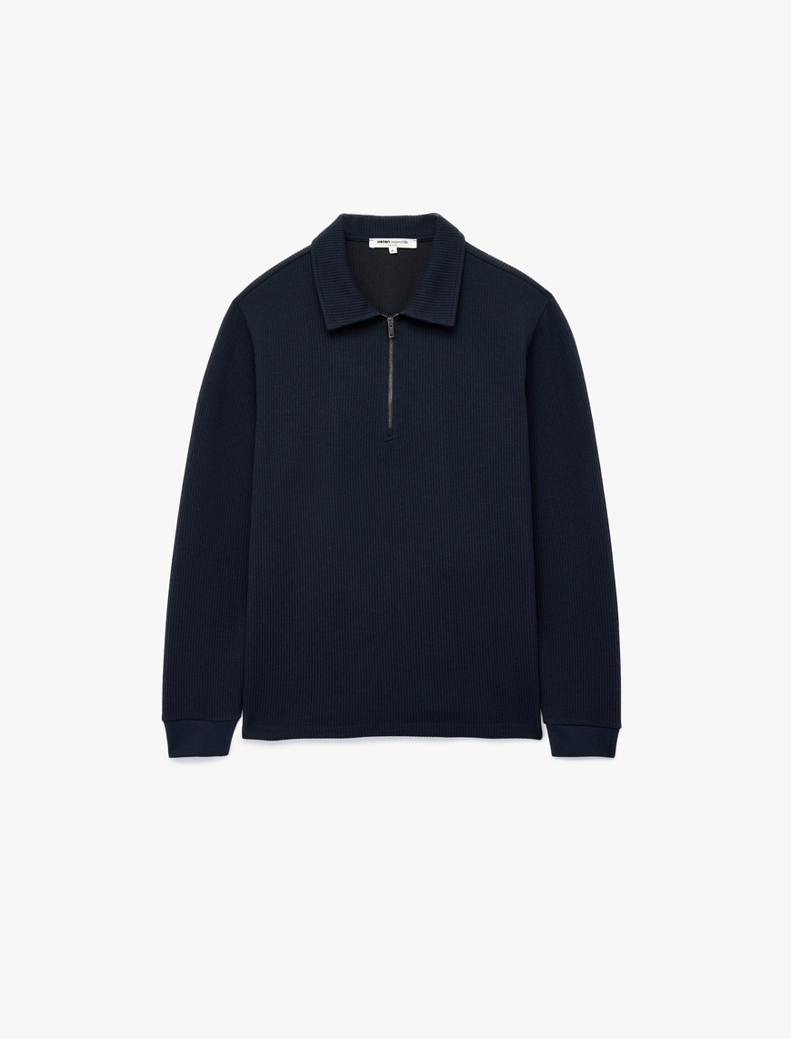   Uzun Kollu Basic Dokulu Yarım Fermuarlı Polo Yaka Sweatshirt