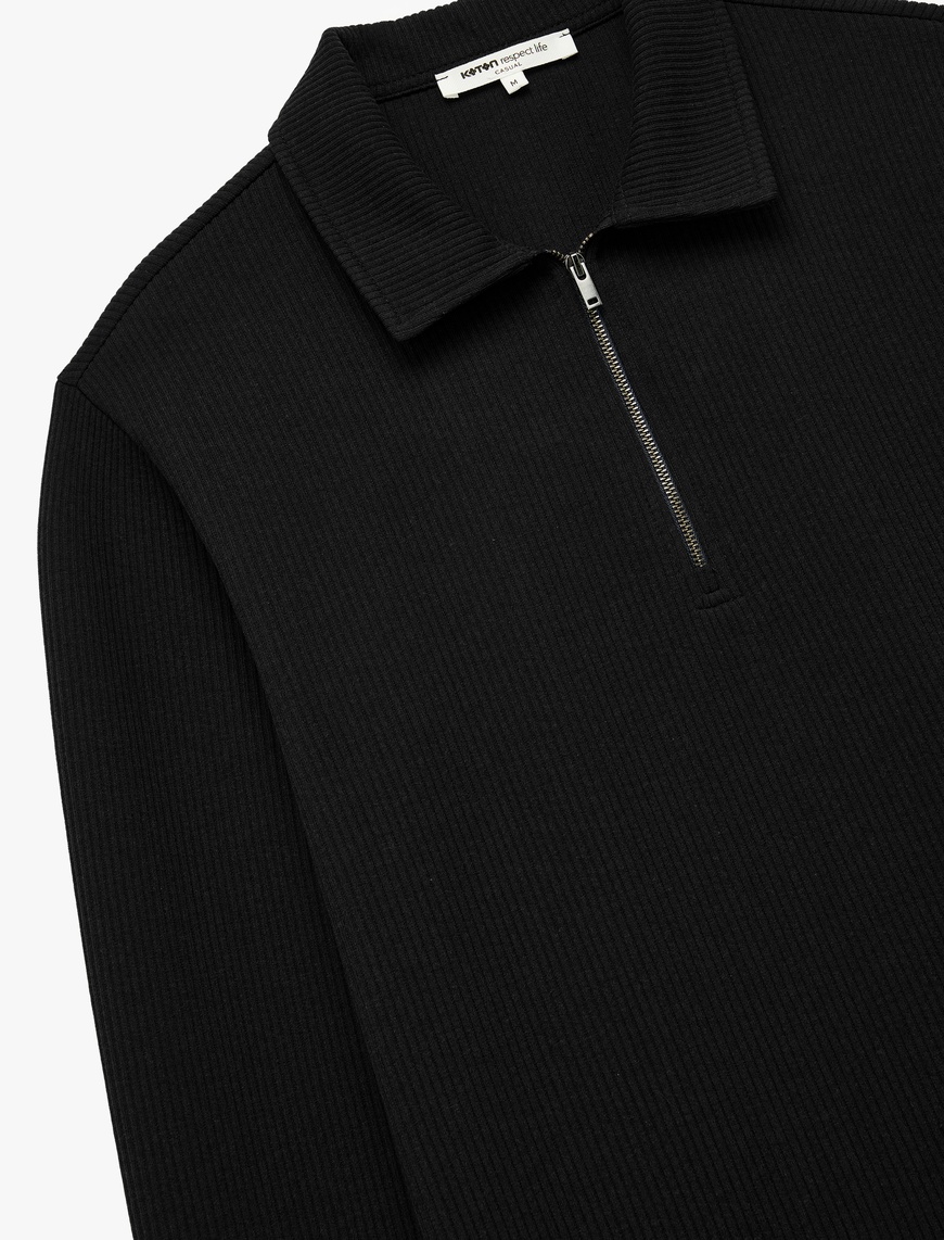   Uzun Kollu Basic Dokulu Yarım Fermuarlı Polo Yaka Sweatshirt
