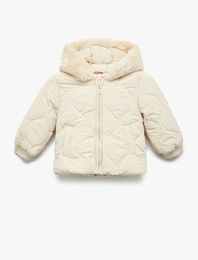 Uzun Kollu Kapşonlu Suni Kürk Yaka Fermuarlı Kapitoneli Mont