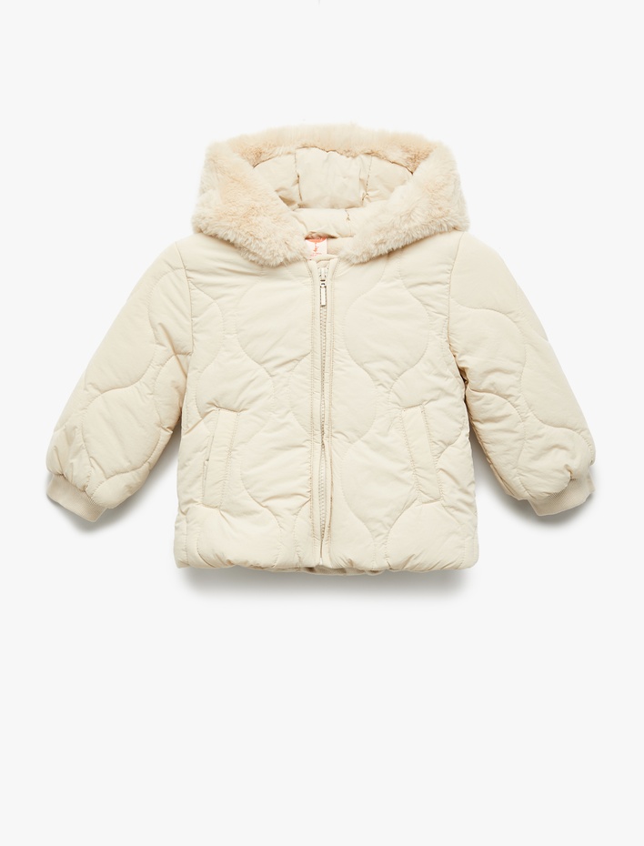 Kız Bebek Uzun Kollu Kapşonlu Suni Kürk Yaka Fermuarlı Kapitoneli Mont