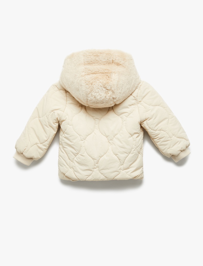 Kız Bebek Uzun Kollu Kapşonlu Suni Kürk Yaka Fermuarlı Kapitoneli Mont