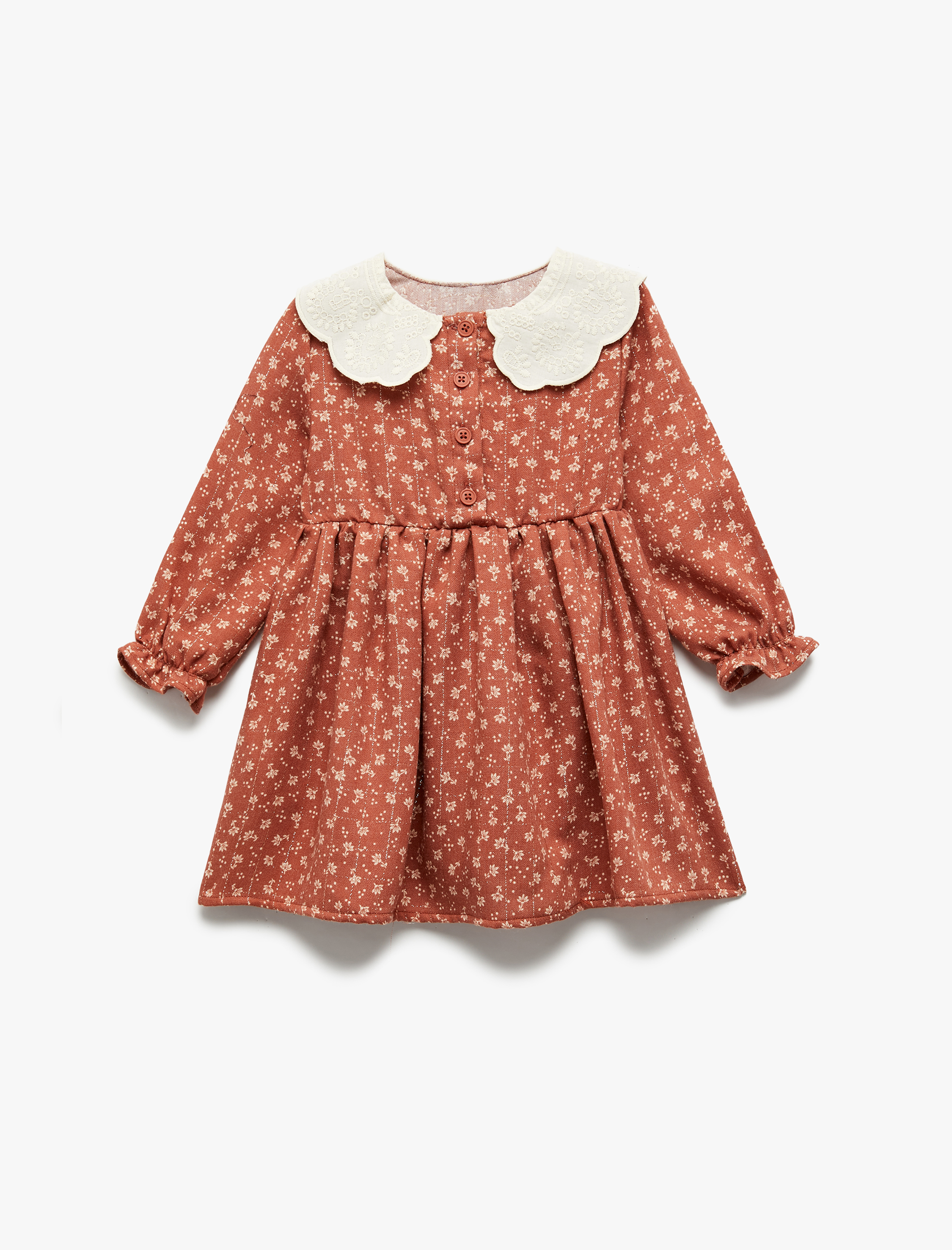  Kız Bebek Viskon Karışımlı Uzun Kollu Çiçekli Bebe Yaka Elbise