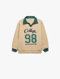 Pamuklu Uzun Kollu Kolej Nakışlı Polo Yaka Sweatshirt