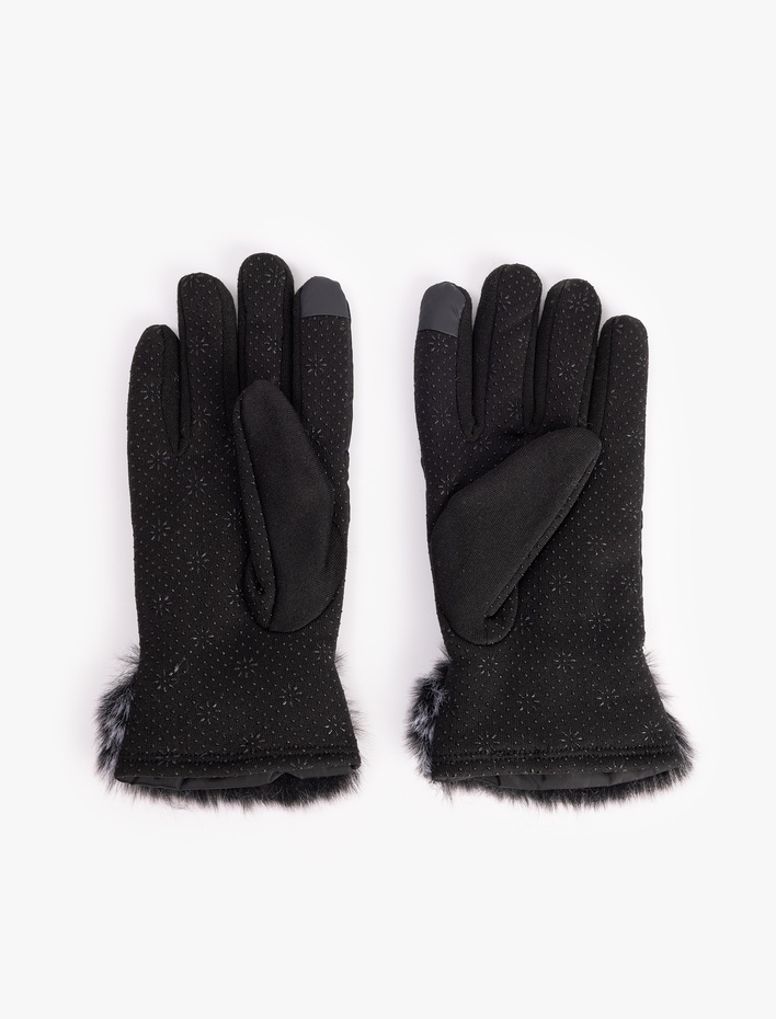 Kadın Taşlı Suni Kürk Detaylı Şişme Kayak Eldiveni