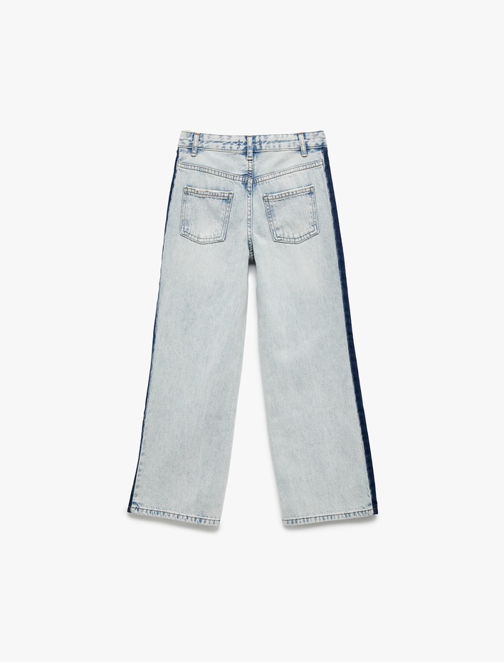 Kız Çocuk Pamuklu Şerit Detaylı Geniş Paça Jean Pantolon