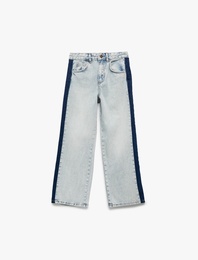 Pamuklu Şerit Detaylı Geniş Paça Jean Pantolon