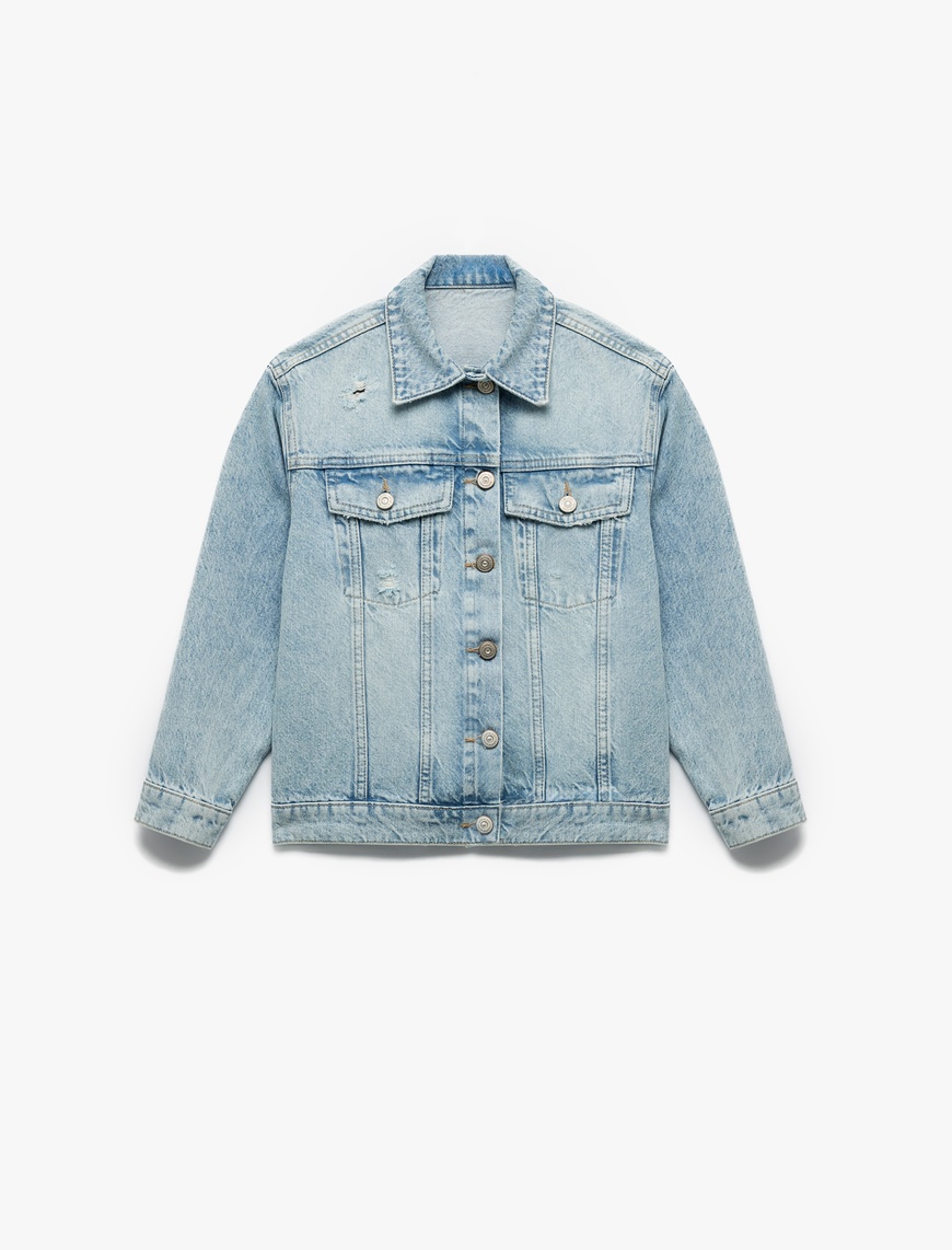  Kız Çocuk Cepli Uzun Kollu Pamuklu Düğmeli Klasik Yaka Denim Ceket