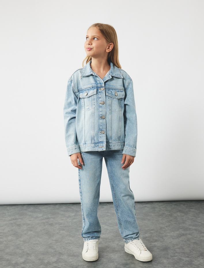 Kız Çocuk Cepli Uzun Kollu Pamuklu Düğmeli Klasik Yaka Denim Ceket
