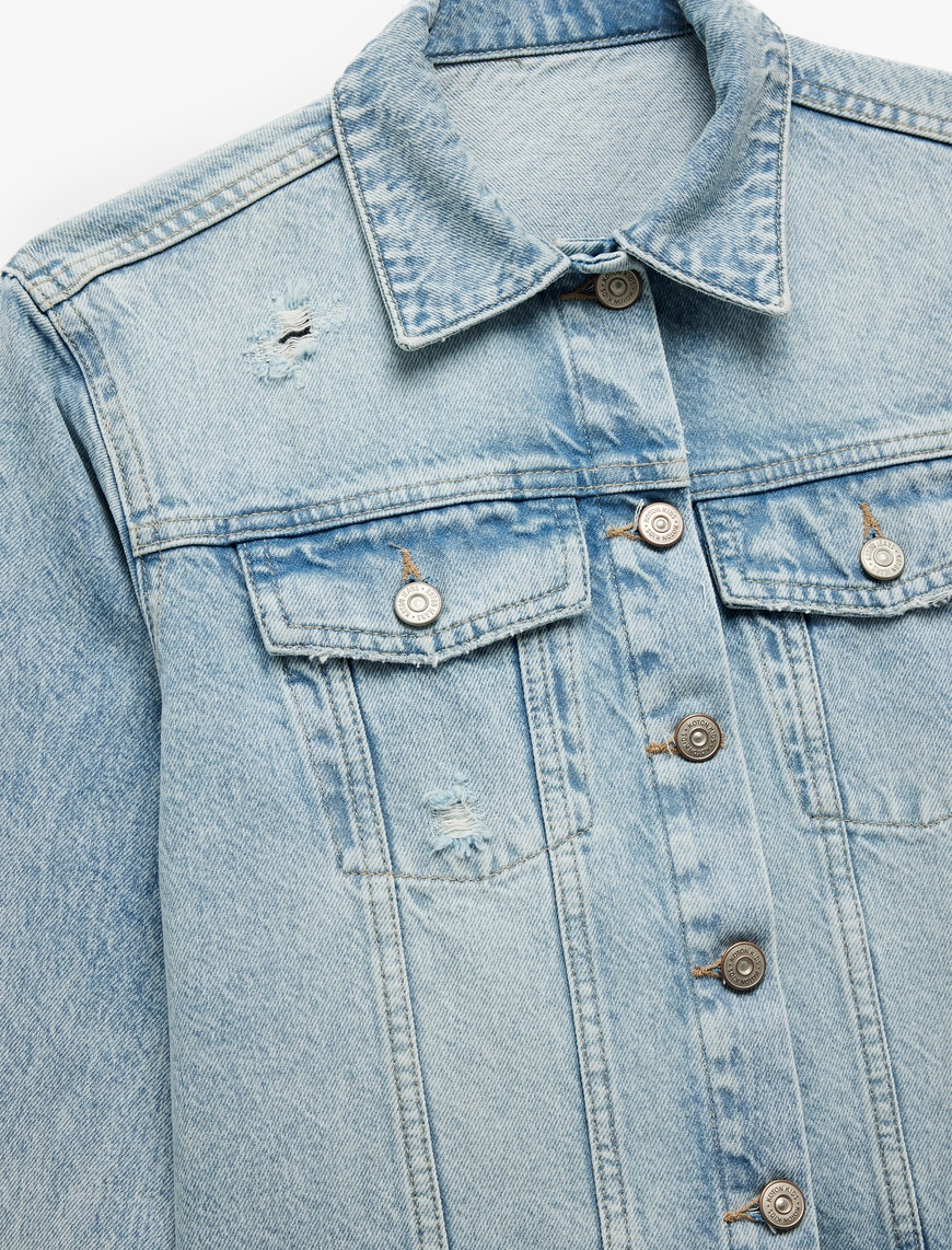  Kız Çocuk Cepli Uzun Kollu Pamuklu Düğmeli Klasik Yaka Denim Ceket