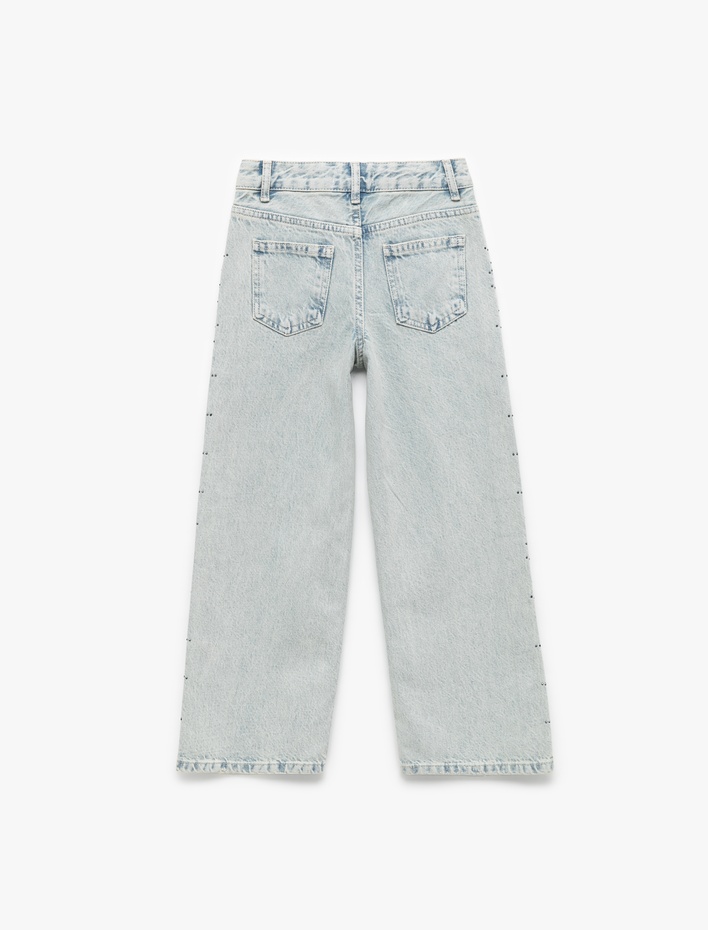 Kız Çocuk Pamuklu Taş Detaylı Geniş Paça Jean Pantolon