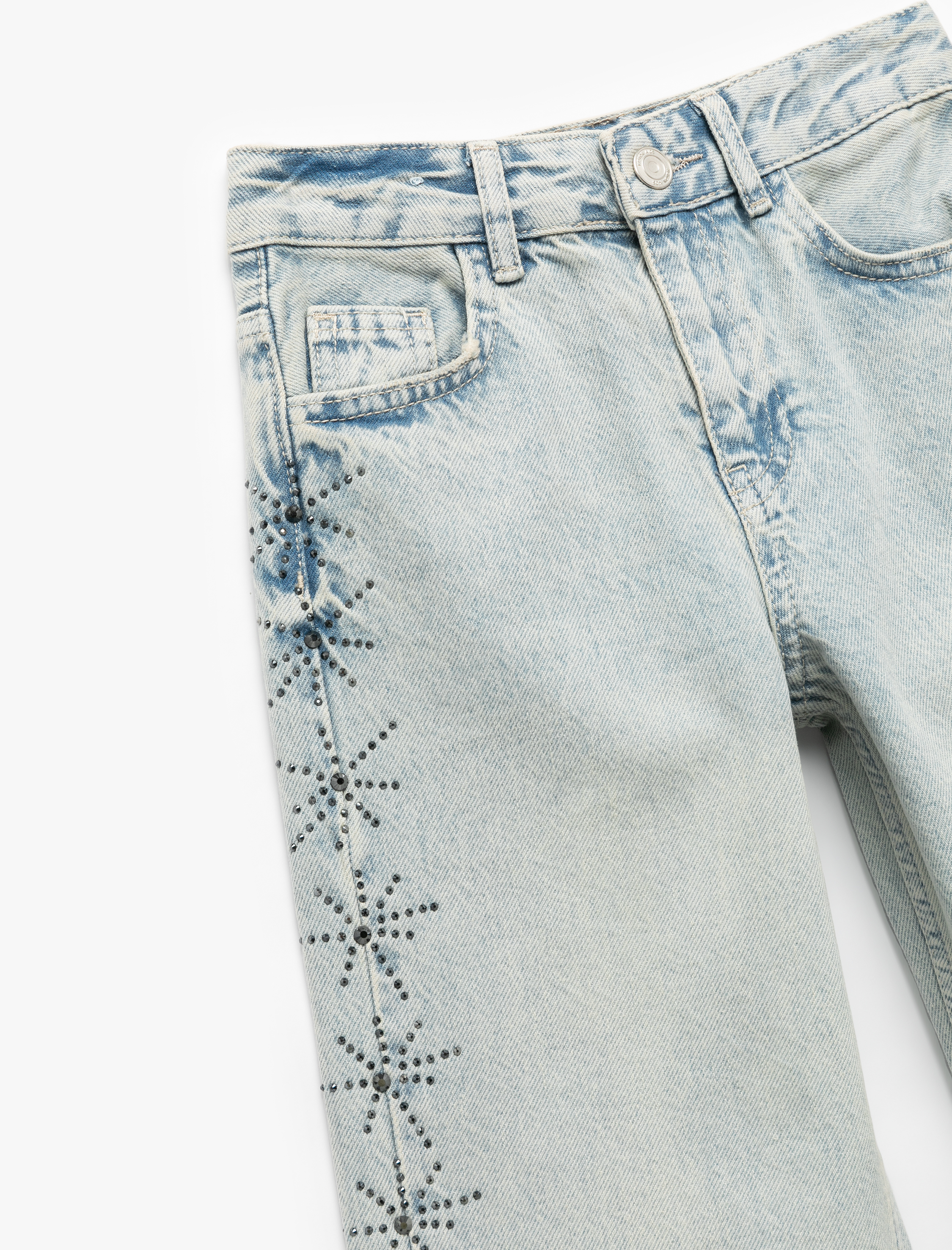  Kız Çocuk Pamuklu Taş Detaylı Geniş Paça Jean Pantolon