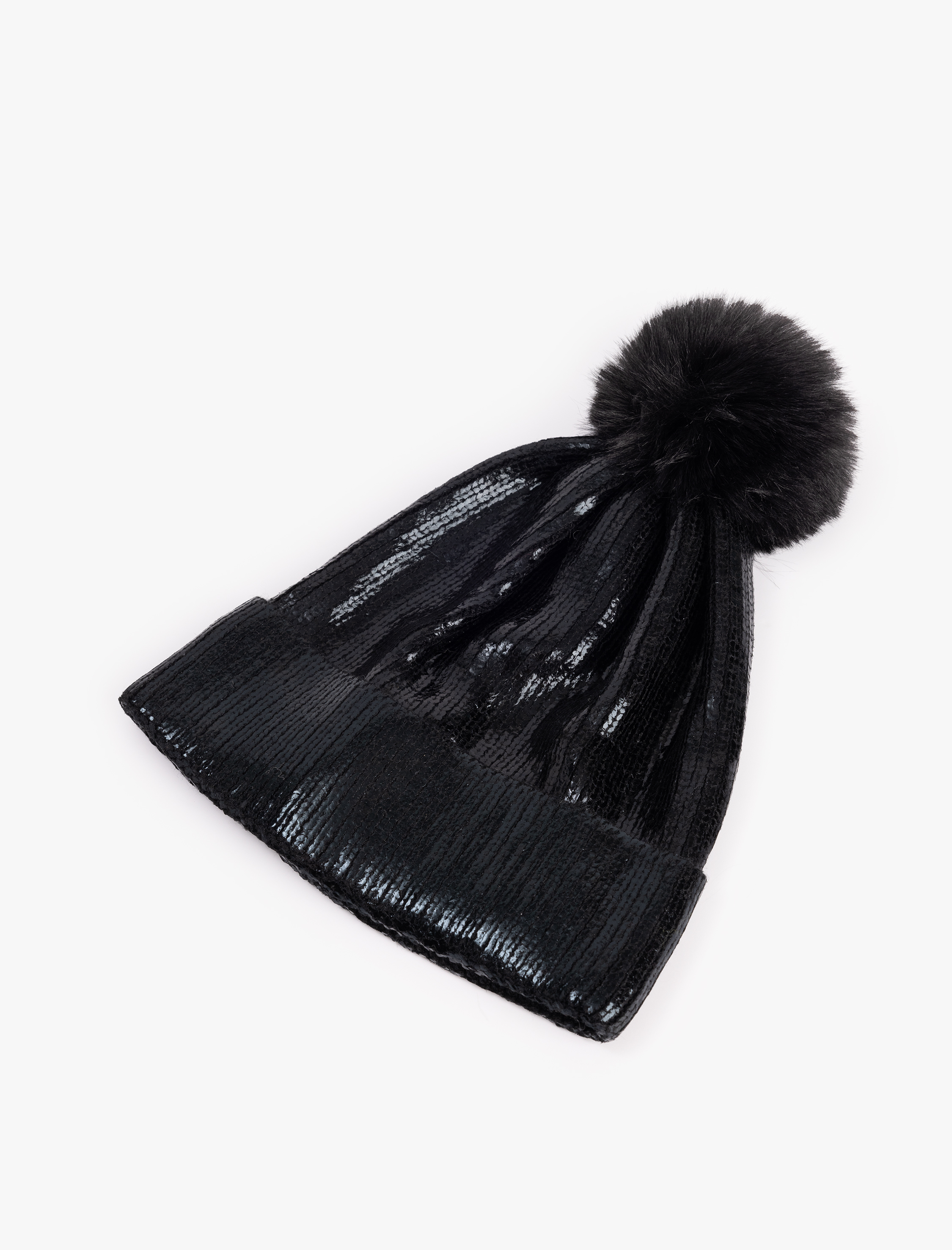  Kadın Ponponlu Payetli Triko Parlak Katlı Bere