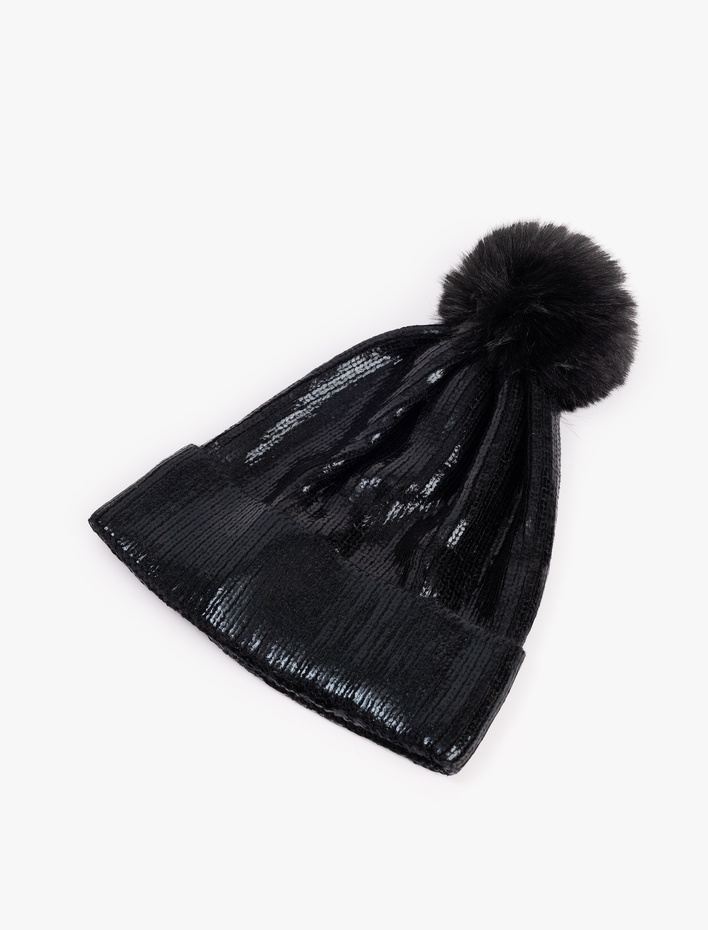 Kadın Ponponlu Payetli Triko Parlak Katlı Bere