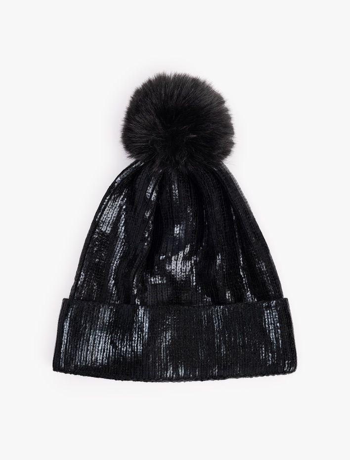 Kadın Ponponlu Payetli Triko Parlak Katlı Bere