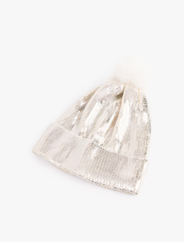 Kadın Ponponlu Payetli Triko Parlak Katlı Bere